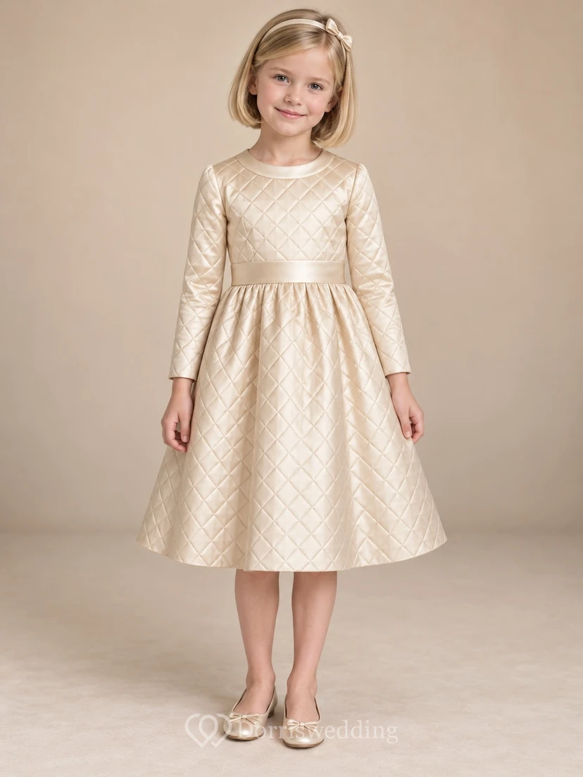 Modest Long Sleeve Champagne Tea-length Narrow Band Diamond Quilted Satin Flower Girl Dress view 2
