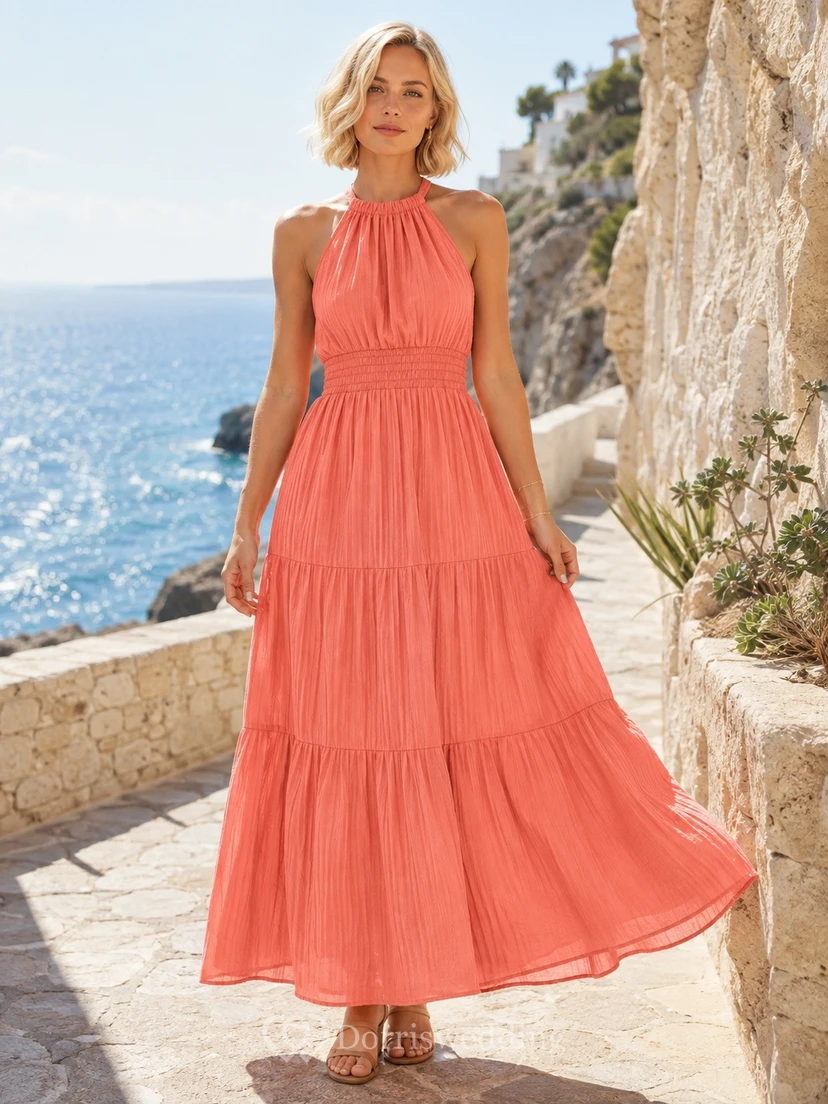 Coral Chiffon Halter Sleeveless Tiered Ankle Length Beach Dress