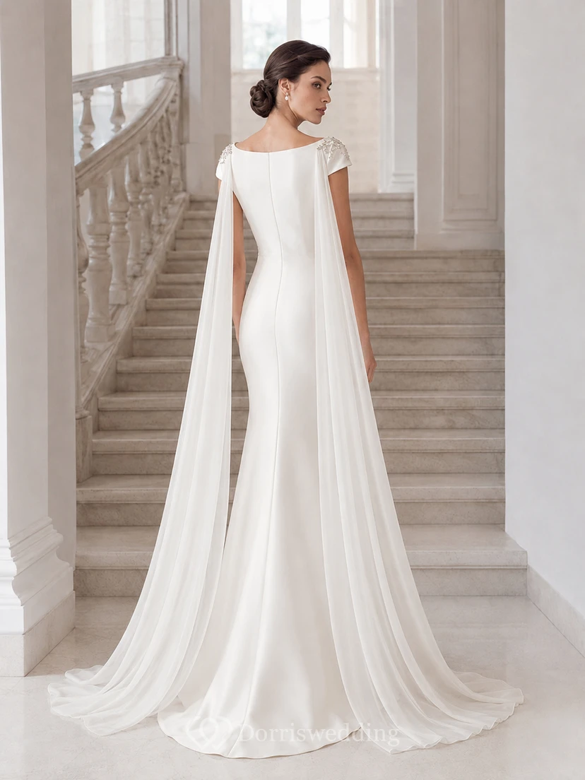 Robe de mariée moderne à manches courtes, cape en satin et traîne chapelle, style bateau view 2