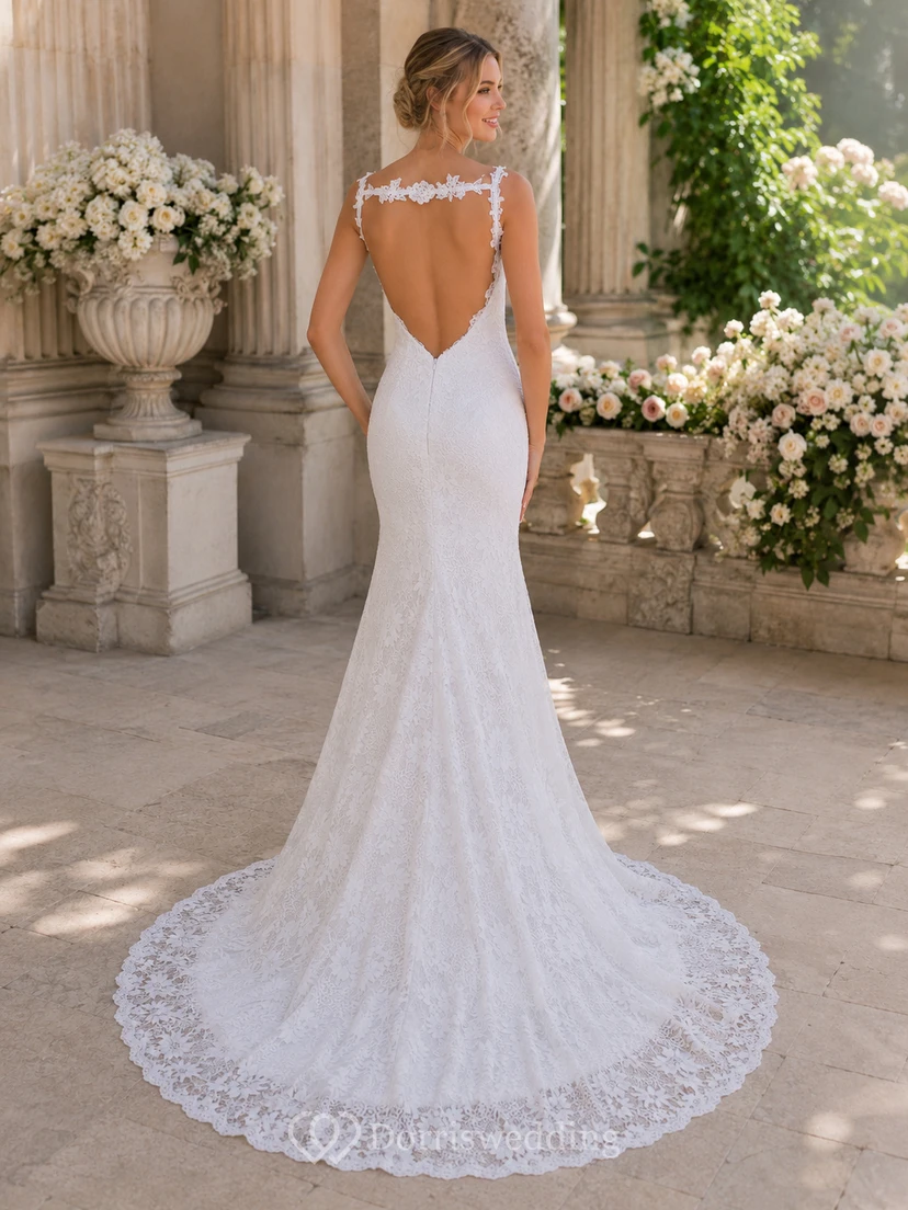 Robe de mariée sirène en dentelle, dos nu, bretelles spaghetti, style bohème chic, sexy, à bretelles spaghetti et ourlet asymétrique. view 2