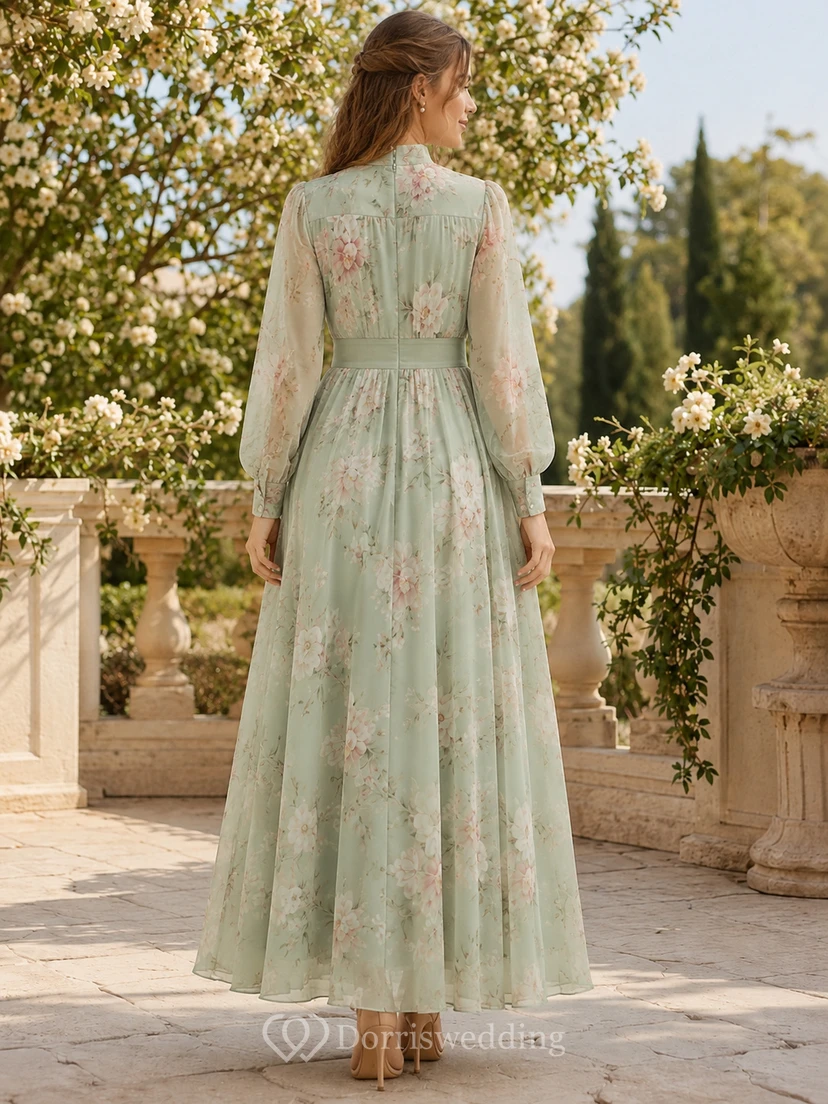 Mintgrünes, geblümtes Maxi-Gästekleid mit hohem Kragen und transparenten Ärmeln view 2
