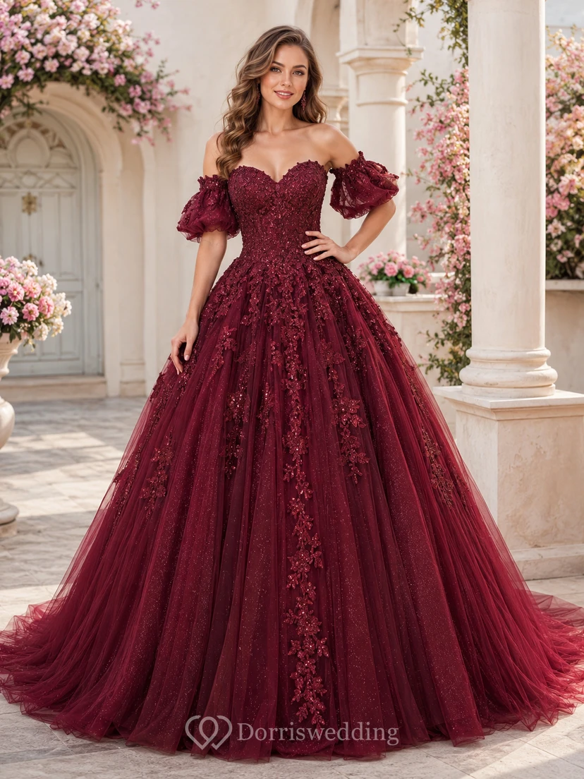 Burgundy Luxury Off Shoulder Puff Sleeve Applique Long Train Quinceanera Ball Gown