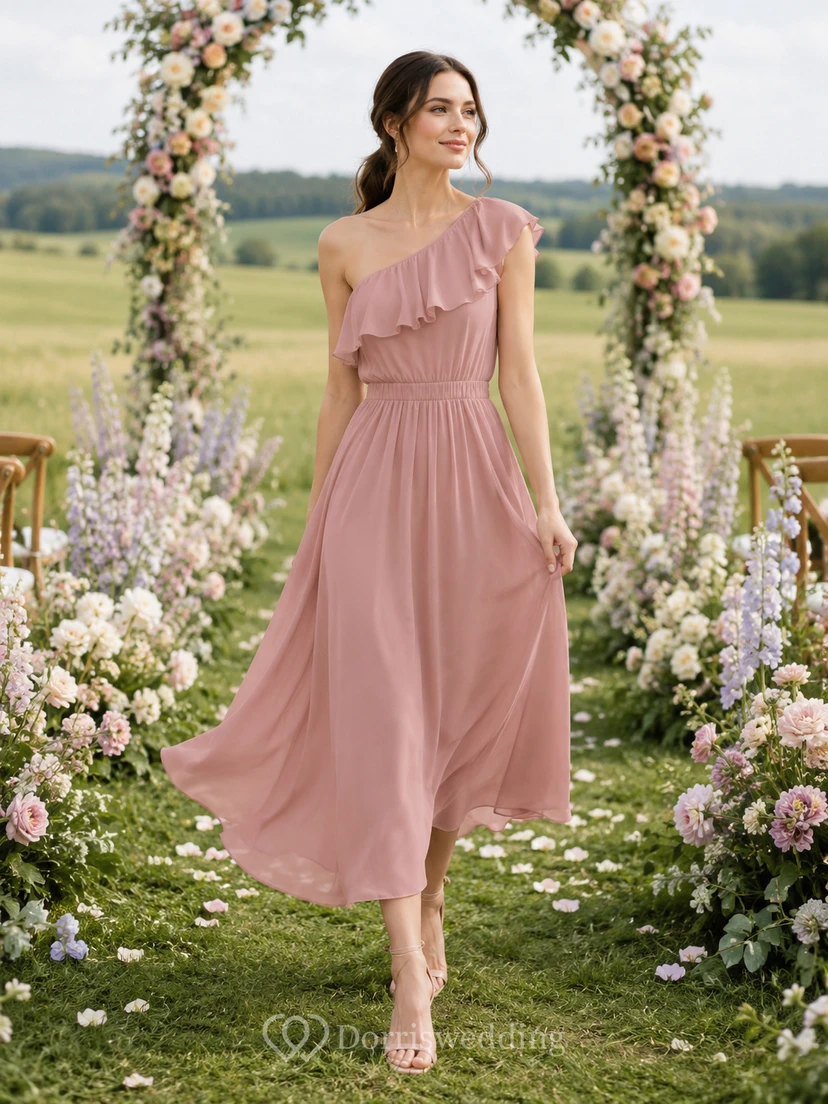 Robe de jardin rose poudré asymétrique à volants, longueur thé, coupe trapèze.