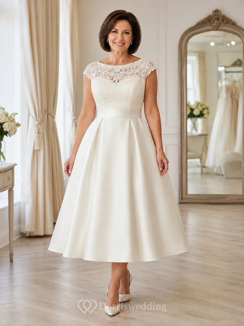 Vintage-Hochzeitskleid aus Satin in Übergröße für ältere Bräute: Teelänge, U-Boot-Ausschnitt, kurze Ärmel, A-Linie.