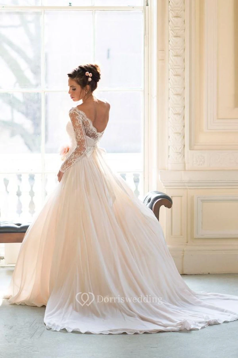 Elegant Long Sleeve Lace Wedding Dresses Princess Chiffon Bridal Gowns