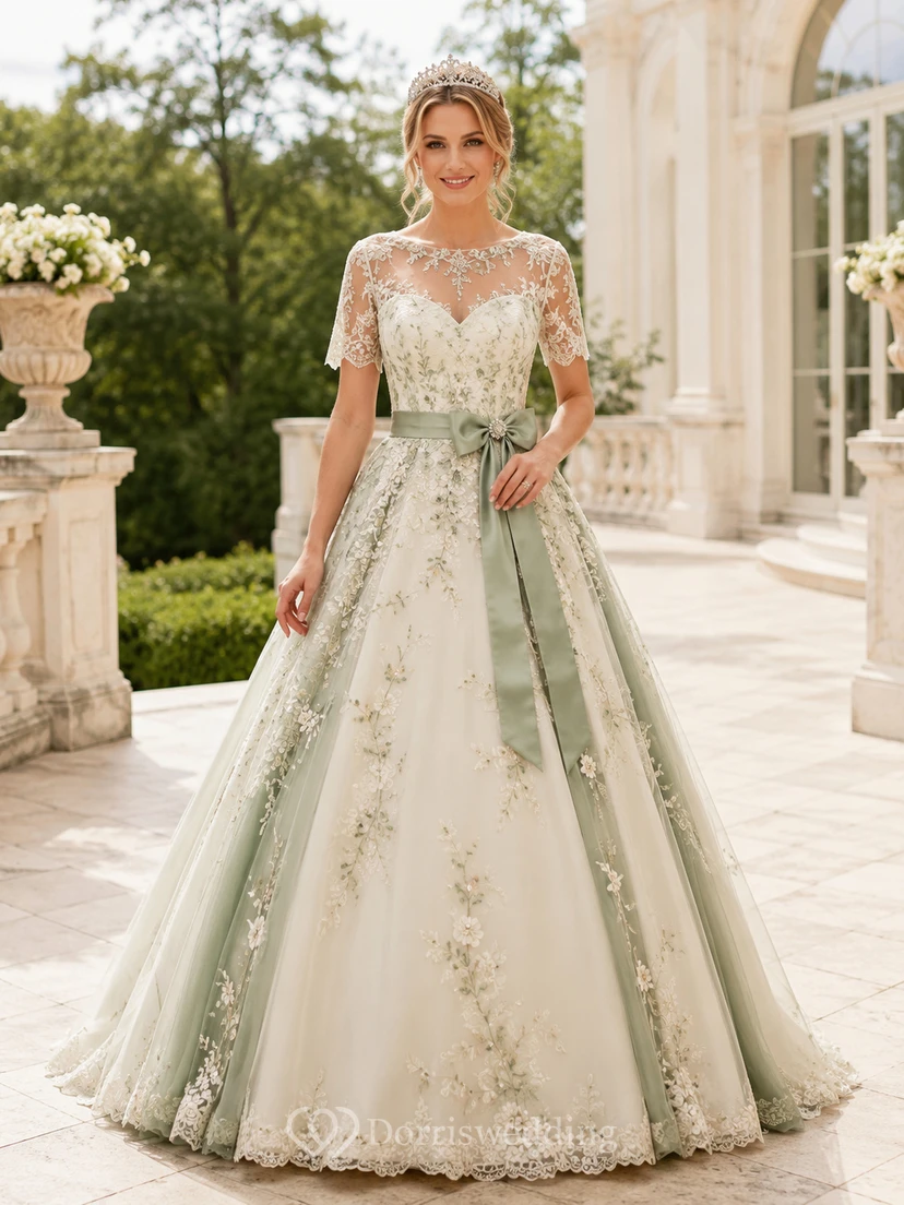 Elegantes Ballkleid aus edlem Salbeigrün mit Spitze, bodenlang, mit U-Boot-Ausschnitt und Illusionsärmeln