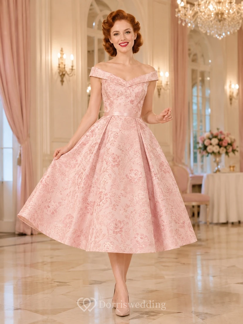 Zartrosa Taft-Kleid, schulterfrei, ärmellos, A-Linie, Teelänge, Vintage-Partykleid