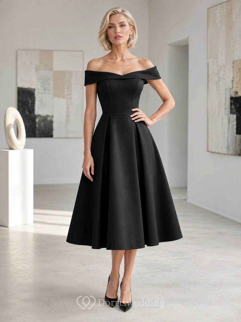 Black Salon A-Line Tea-Length Off-Shoulder Short-Sleeve Satin Vintage Guest Dress