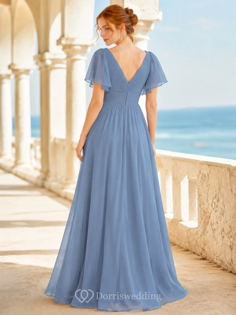 Dusty Blue Flutter Sleeve Chiffon A Line Bridesmaid Dress view 2