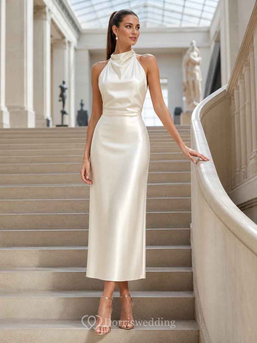 Vestido midi de satén color marfil con cuello halter y escote halter, ideal para recepciones en museos.