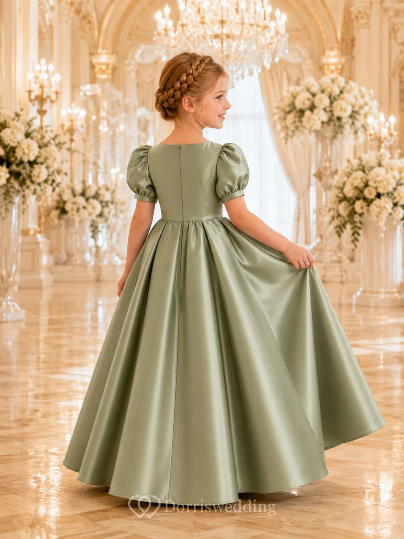 A-Line Flowergirl Satin Floor-Length Puff Sleeve Sage Formal Ballroom Wedding Gown view 2