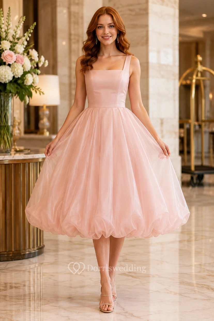 Cocktail Dress Blush Tulle A-Line Square Neck Sleeveless Tea Length