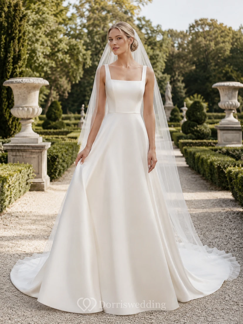 Minimalist Square Neck Satin A-Line Garden Wedding Dress