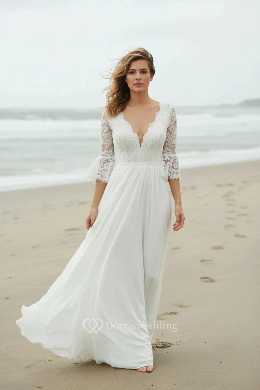 Deep V-Neck Flowy Beach Wedding Dress with Half Sleeves