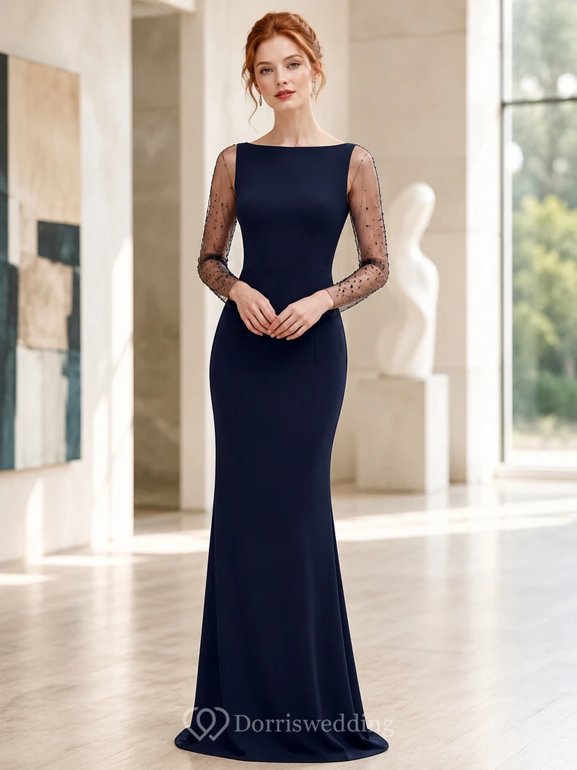 Dark Navy Bateau Illusion Sleeve Sheath Evening Dress
