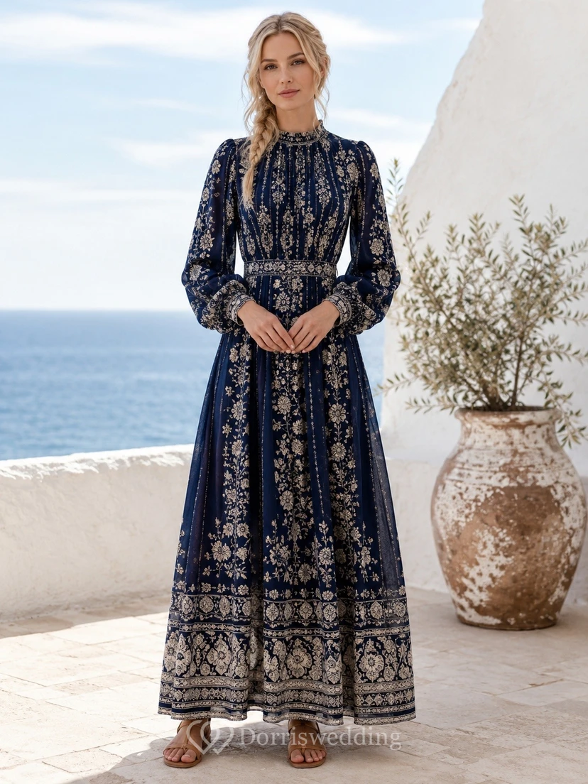 Boho Vintage Navy Floral V-Neck Long-Sleeve Chiffon A-Line Floor-Length Dress