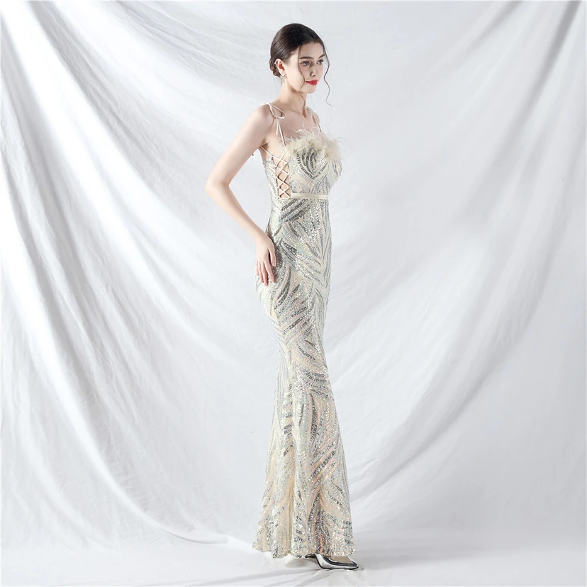 Double-Binding Rope-Binding Craft-Made Ostrich Feather Encrypted Laminated Beads High-End Evening Dress view 64