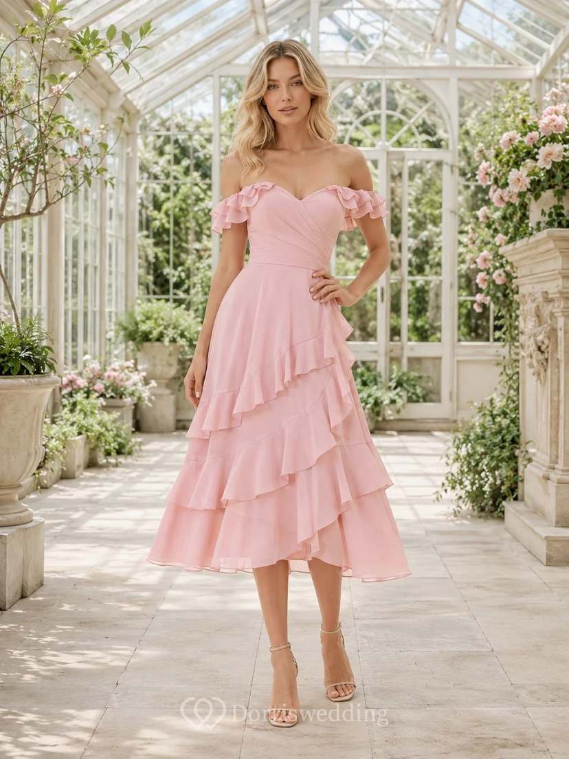 Blushing Pink Off-the-Shoulder Chiffon Tiered Ruffle A-Line Tea-Length Romantic Dress
