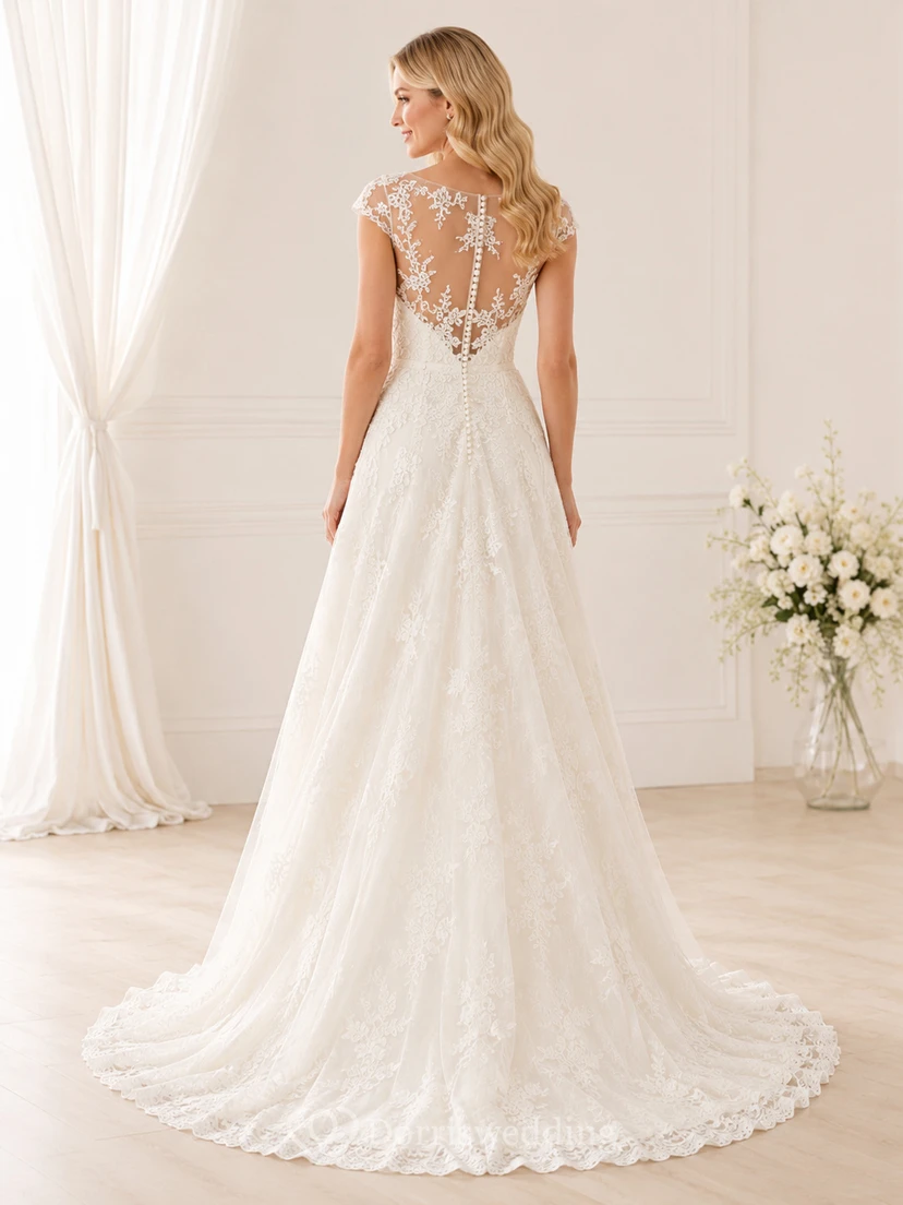 Brautkleid mit kurzen Ärmeln, Spitze, A-Linie, strahlend weiß view 2