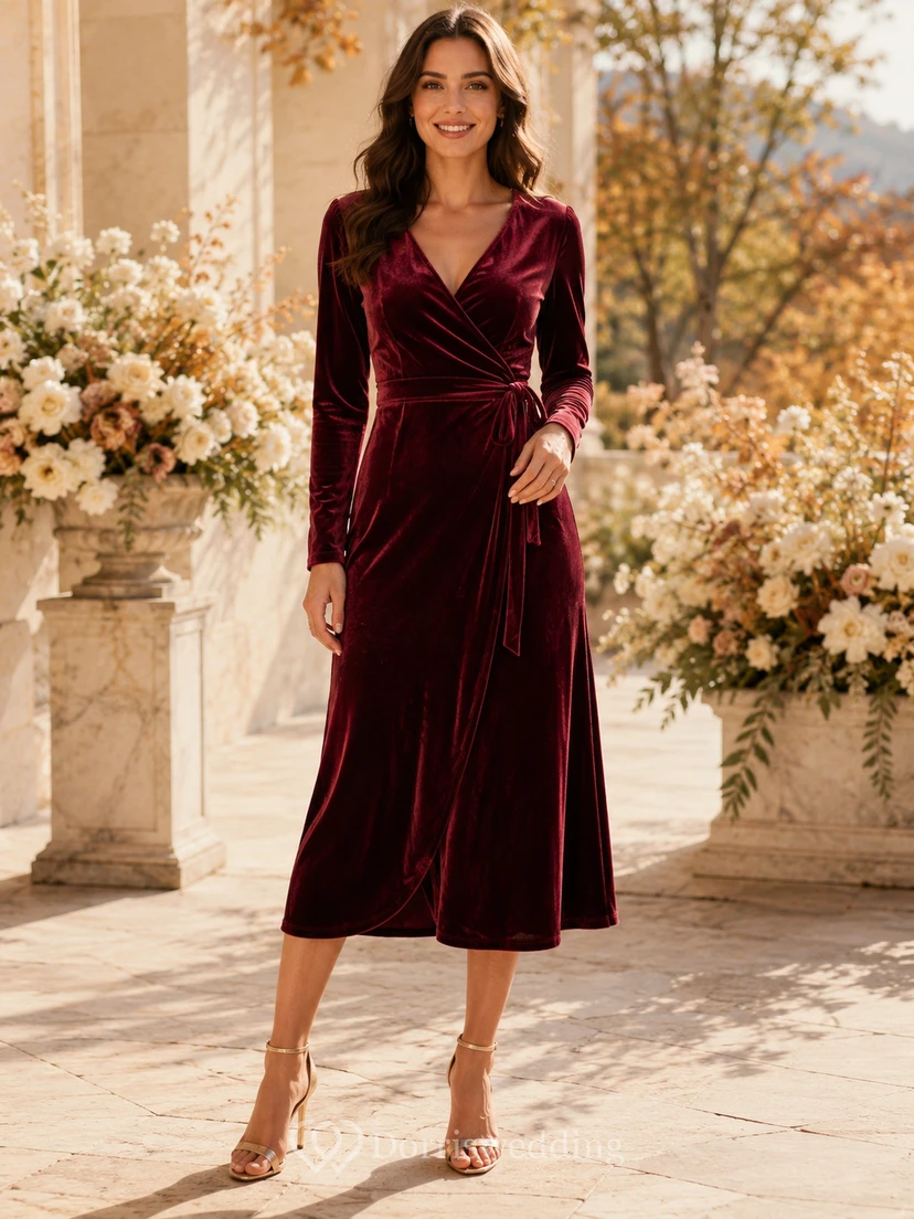 Burgundy V-Neck Long Sleeve Velvet Wrap High-Low Wedding Guest Dress