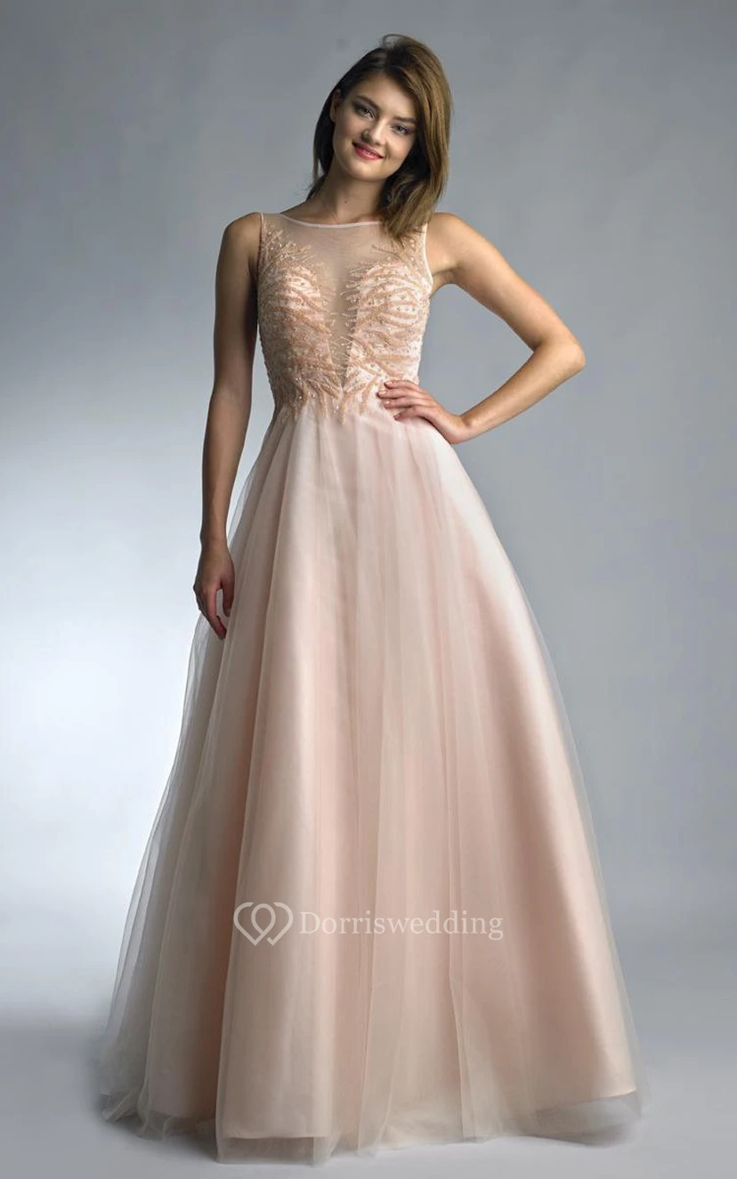 A-line Floor-length Bateau Sleeveless Tulle Low-V Back Dress view 7