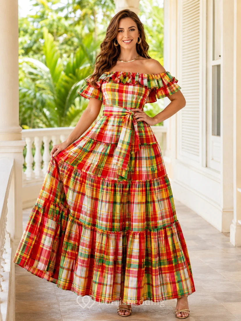 Vibrant Red Madras A Line Floor Length Off Shoulder Tiered Ruffle Dress
