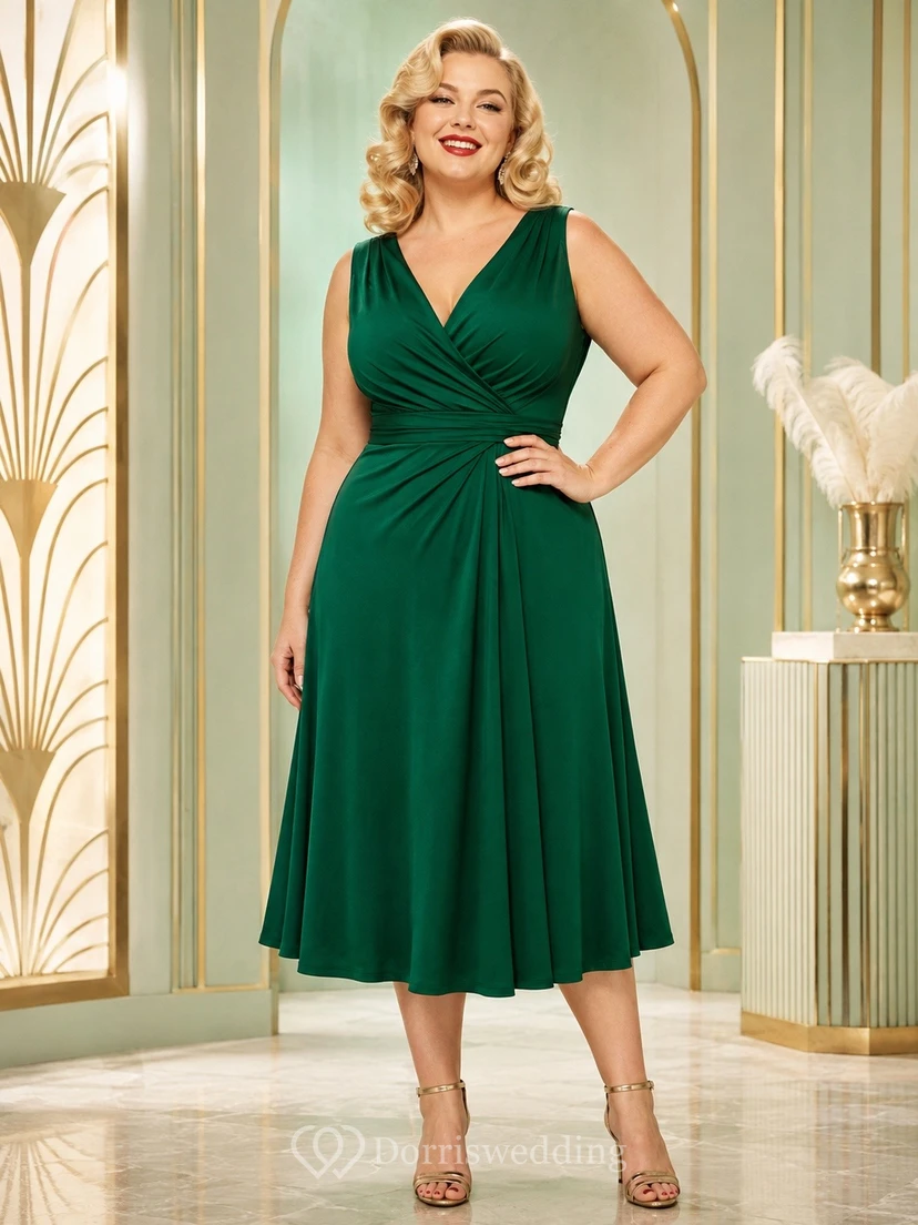 Dark Green Jersey V-Neck Sleeveless Tea-Length Plus-Size A-Line Dress
