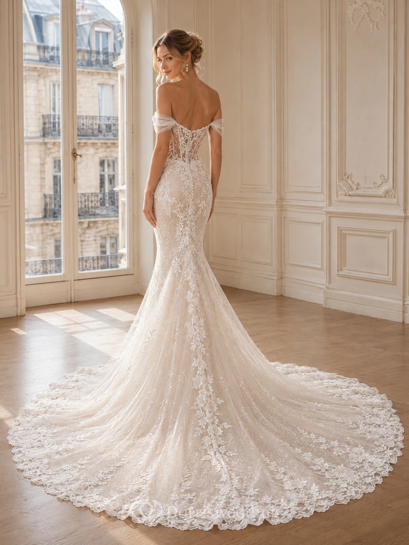 Robe de mariée sirène luxueuse en dentelle florale à épaules dénudées et manches courtes, ornée d'épaules et de dentelle florale, view 2