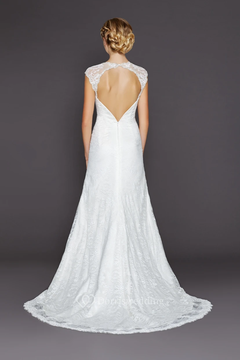 A-Line Long Queen Anne Lace Wedding Dress With Appliques And Keyhole view 2