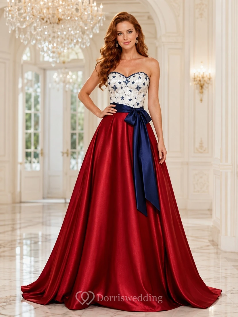 Robe de bal rouge bustier sans manches en satin, longue jusqu'au sol, ornée d'un nœud papillon, robe de soirée de luxe