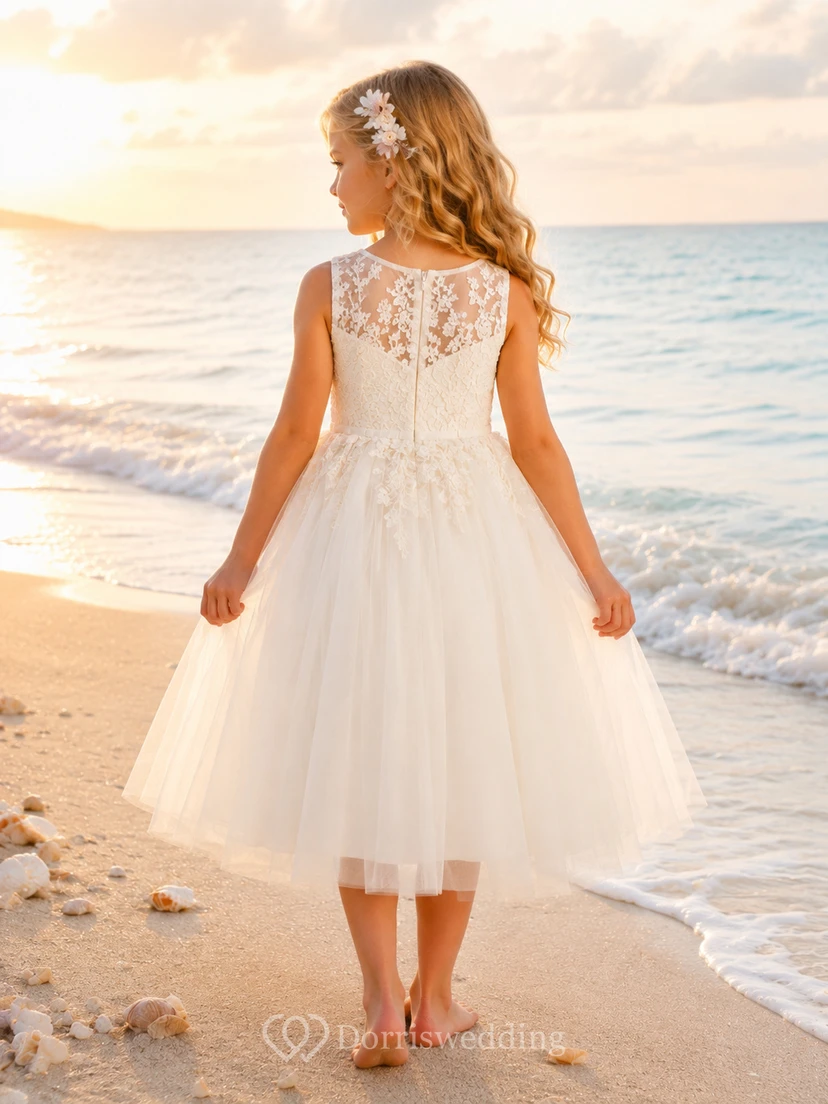 A-Line Flowergirl Lace Tulle Floor-Length Sleeveless Floral Applique Beach Wedding Dress view 2