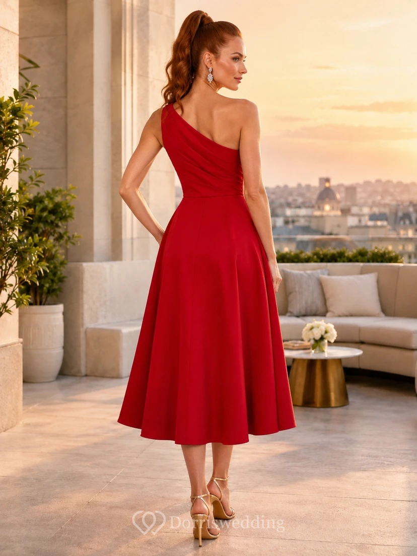 Red One-Shoulder Sleeveless Satin A-Line Tea-length Modern Cocktail Dress view 2