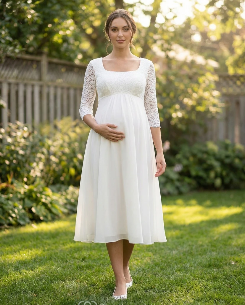 Weißes Umstandsbrautkleid mit eckigem Ausschnitt, Spitze und 3/4-Ärmeln