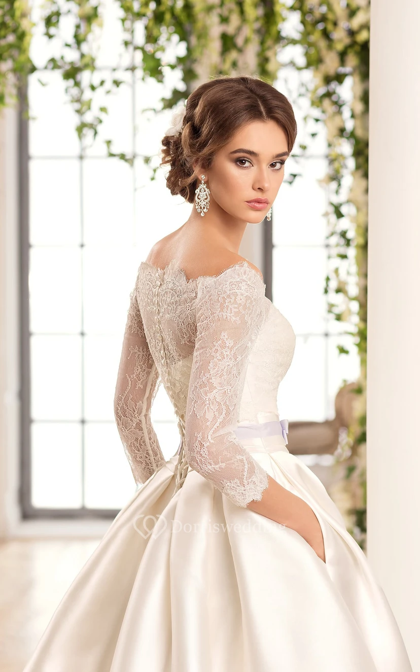 A-Line Long Off-The-Shoulder Sleeveless Illusion Satin Dress With Cape view 4