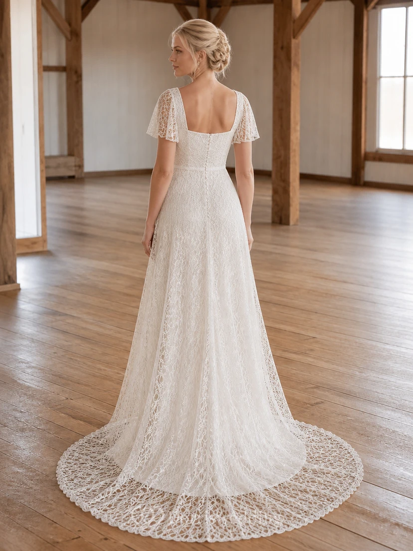 A-Linien-Brautkleid mit eckigem Ausschnitt, kurzen Ärmeln und geometrischer Spitze view 2