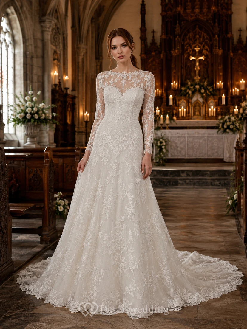 Vestido de novia de capilla con escote alto y cintura baja y encaje