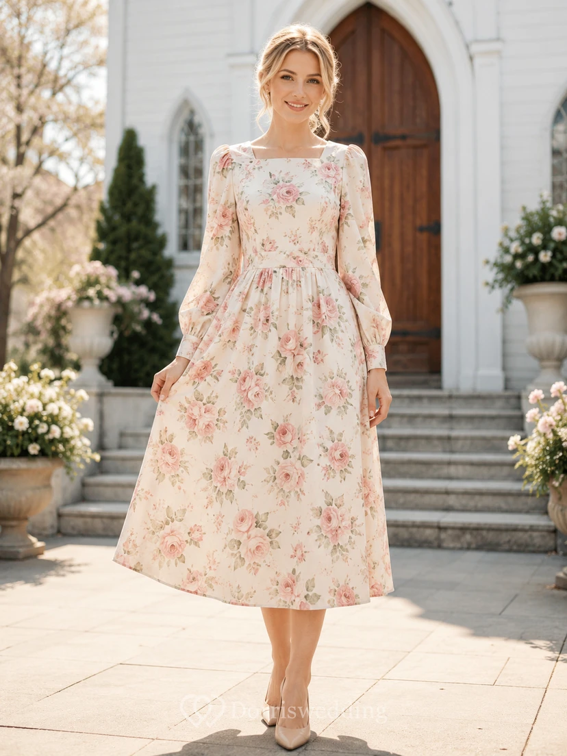 Cream Blush Floral Long Sleeve Modest A Line Midi Dress