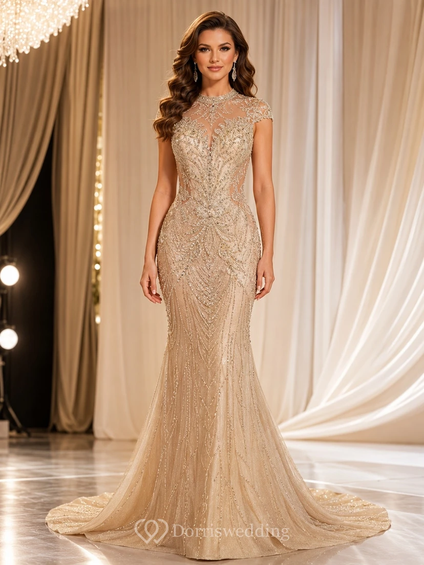 Champagne Jewel Neck Sleeveless Beaded Sequined Mermaid Pageant Dress