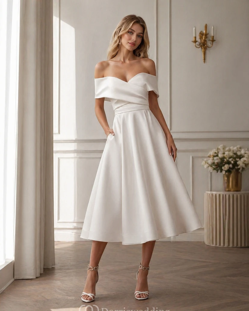 Elegantes schulterfreies Empire-A-Linien-Brautkleid aus Satin in Teelänge video preview
