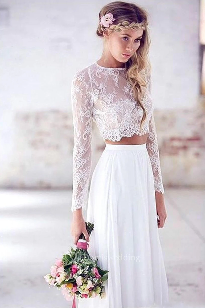 Ätherisches, zweiteiliges, bodenlanges Boho-Hochzeitskleid mit Falten für große Bräute