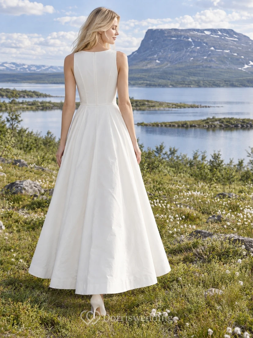 Vestido de novia sencillo de popelina de algodón hasta la rodilla, corte en A, escote barco y espalda cubierta. view 2