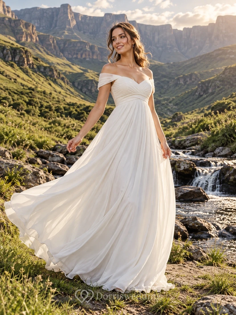Vestido de novia sencillo de gasa con hombros descubiertos, corte en A y cintura fruncida.