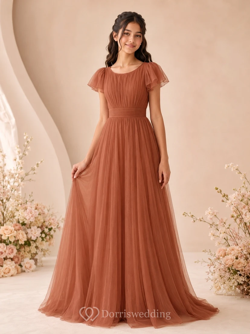 Vestido de dama de honor juvenil marrón, corte en A, escote redondo, manga corta, plisado, romántico.