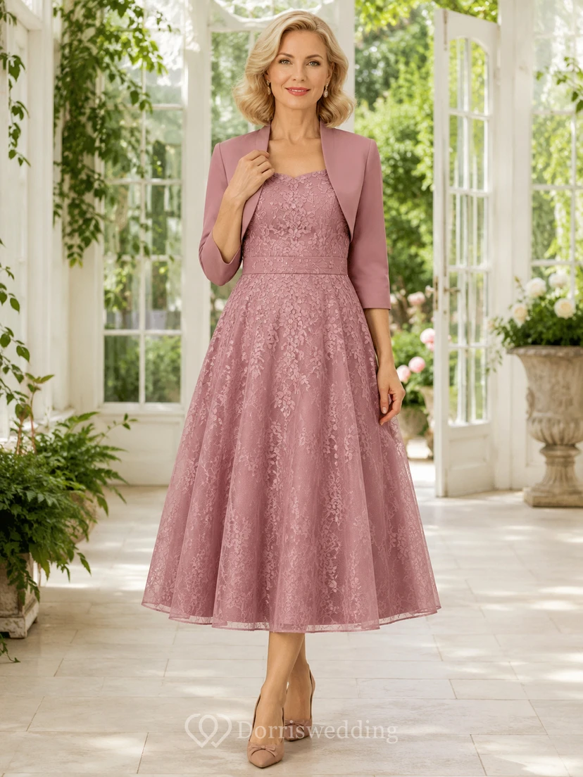 Vintage-Cocktailkleid aus Spitze in Altrosa mit Teelänge, A-Linie, Rundhalsausschnitt und Dreiviertelärmeln, Bolero-Stil, ideal für die Mutter der Braut.