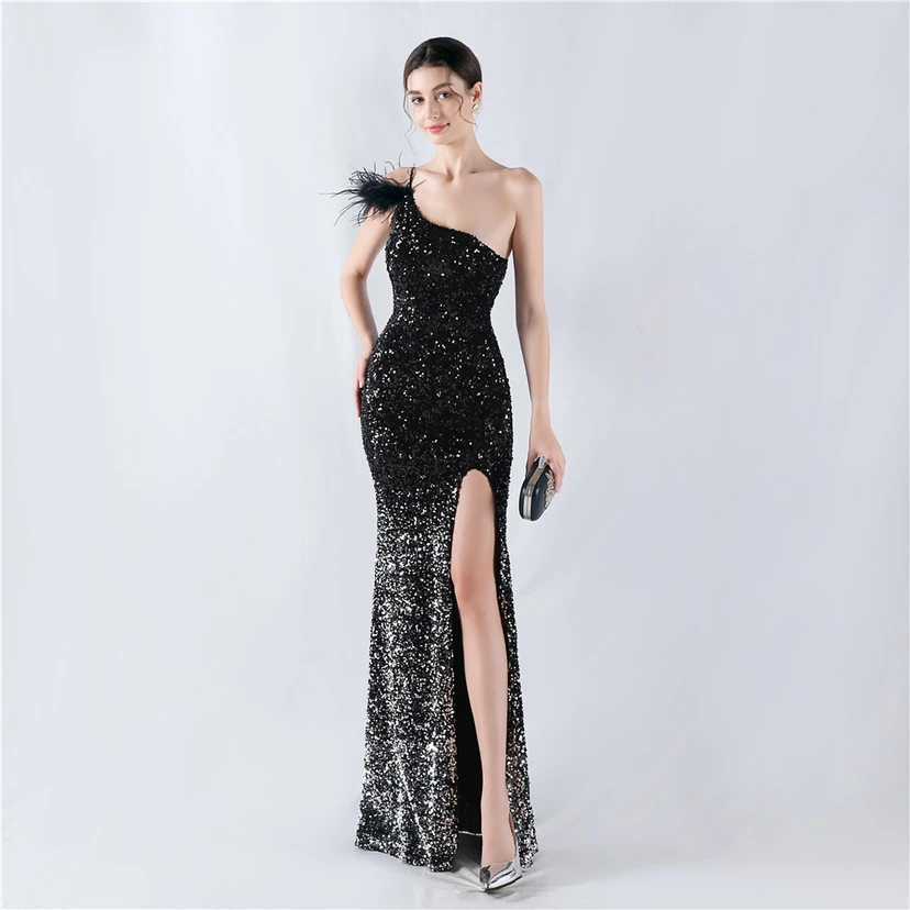 Gradient Velvet Bottom Sequins Craft Beading Ostrich Hair One-Shoulder Oblique Collar High-Slit Evening Dress view 15