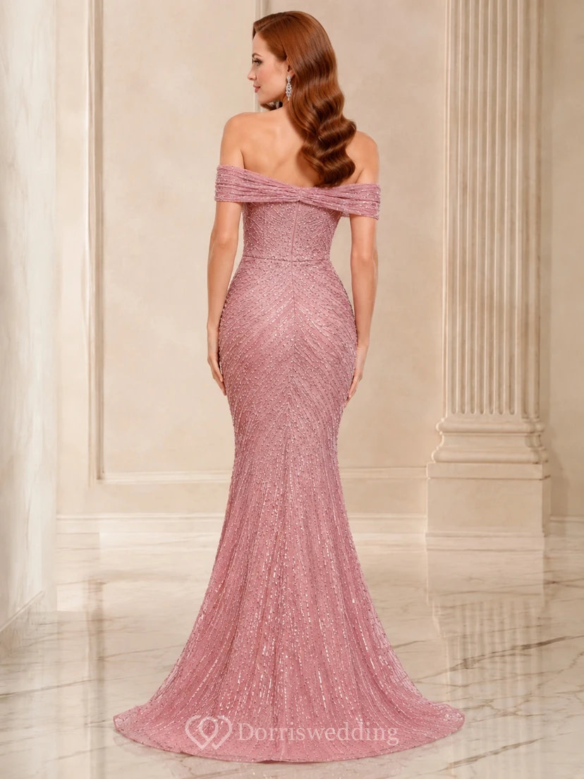 Dusty Rose Sequined Off-the-shoulder Mermaid Floor-length Luxury Evening Gown view 2