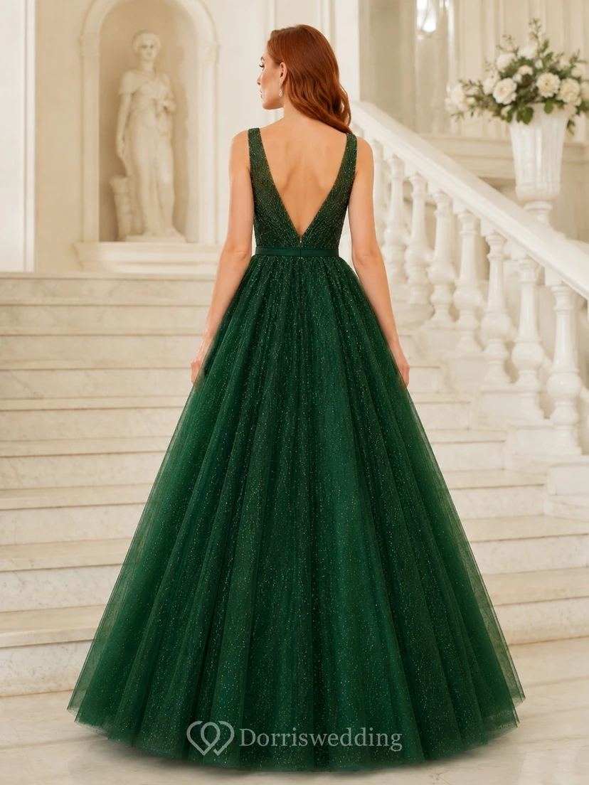 Dark Green Sequins Tulle V-neck Sleeveless Floor-length Ball Gown Formal Dress view 2