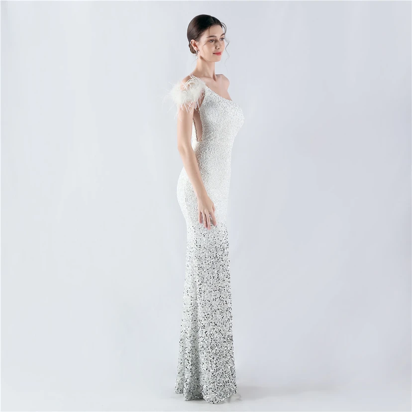 Gradient Velvet Bottom Sequins Craft Beading Ostrich Hair One-Shoulder Oblique Collar High-Slit Evening Dress view 4