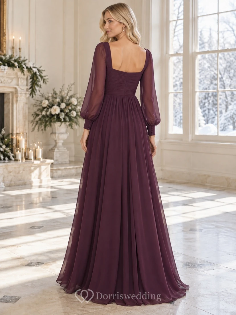 Langärmeliges, pflaumenfarbenes Chiffon-Brautjungfernkleid mit Bischofsärmeln und herzförmigem Ausschnitt in A view 2