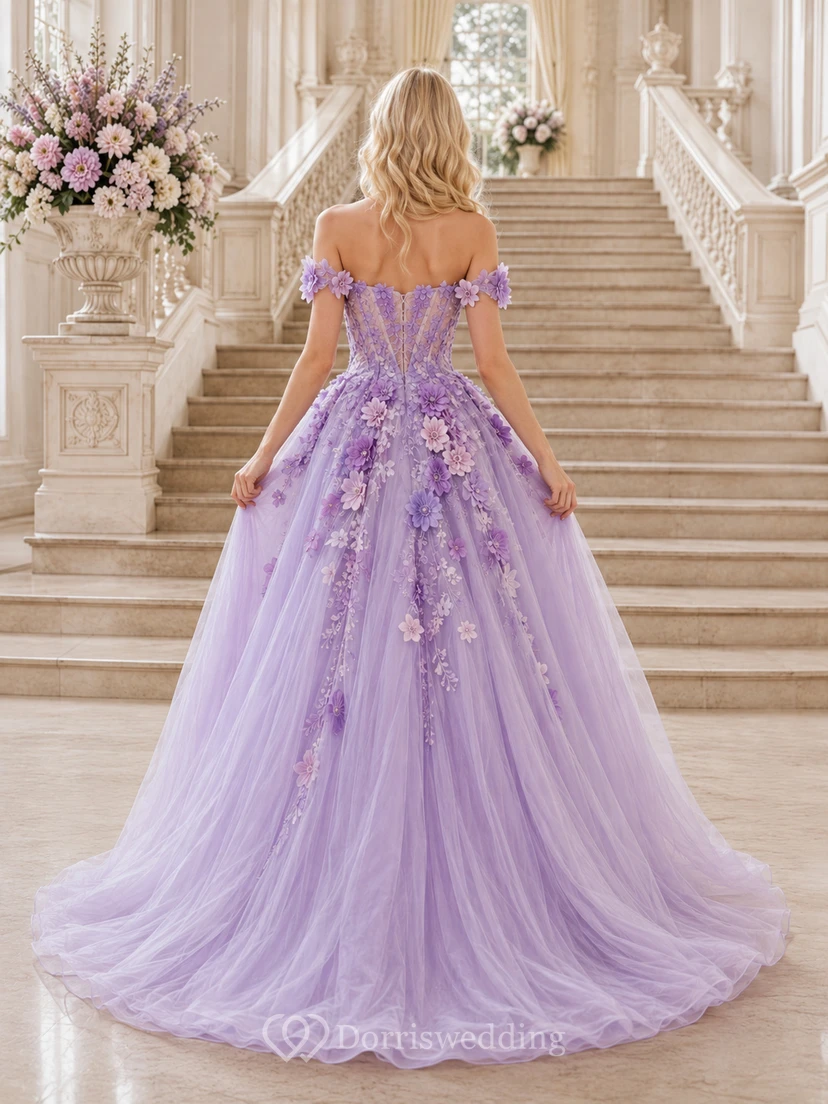 Lavendelfarbenes schulterfreies Ballkleid mit 3D-Blumenmuster view 2